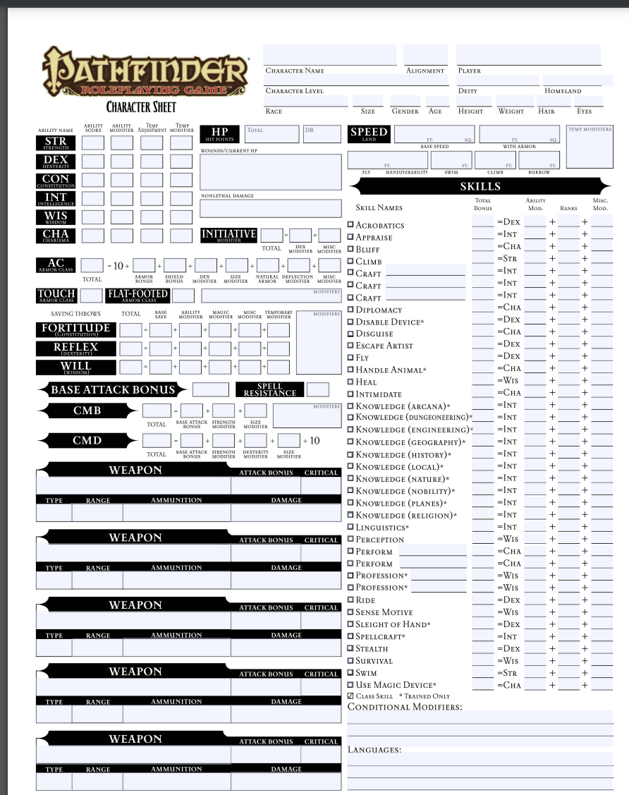 pathfinder character sheet helper